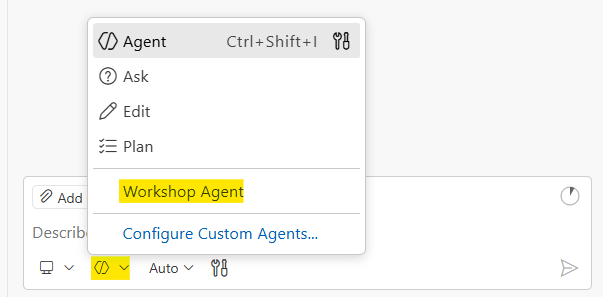 How to select the Workshop Agent in VS Code