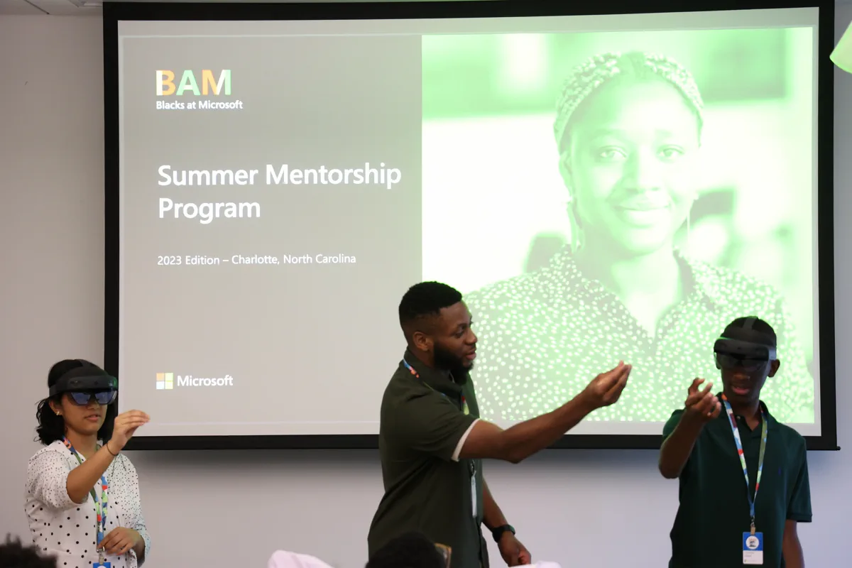 Demonstrating the HoloLens during the Black at Microsoft Summer Mentorship Program, June 2023