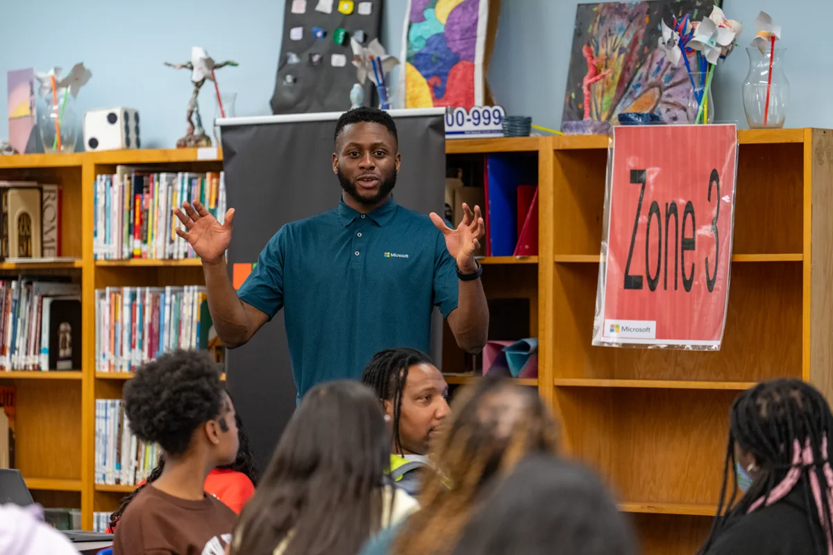 Speaking to a class at McClintock Middle School with Microsoft during Computer Science Education Week, December 2023