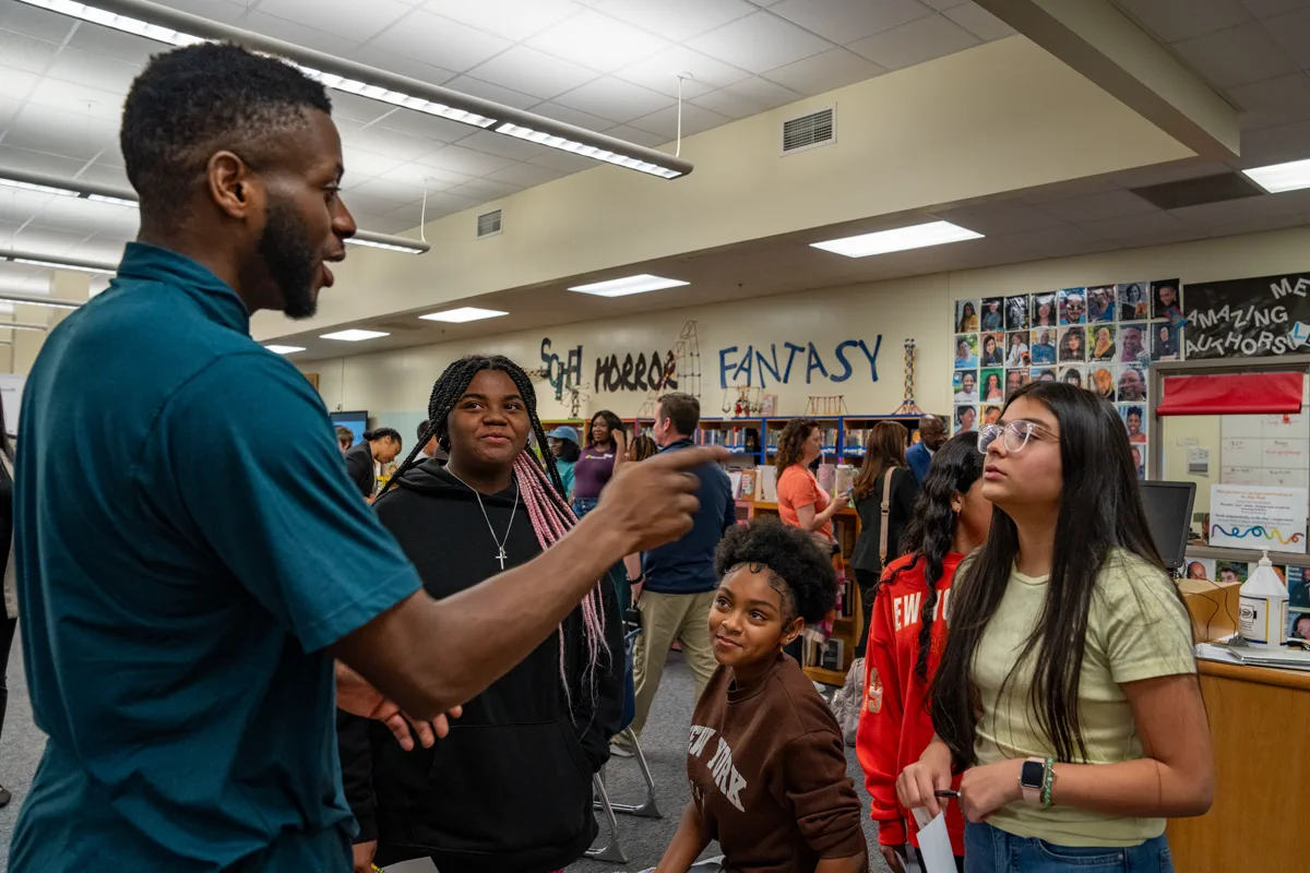 Speaking with students at McClintock Middle School with Microsoft during Computer Science Education Week, December 2023