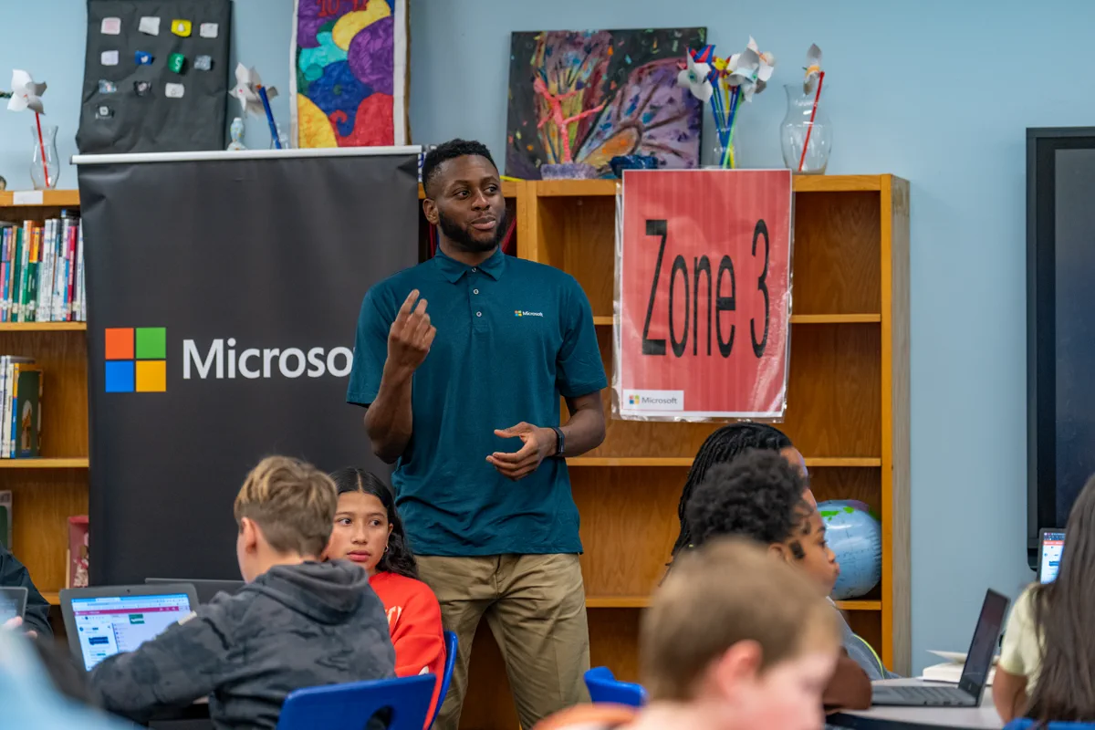 Speaking to a class at McClintock Middle School with Microsoft during Computer Science Education Week, December 2023