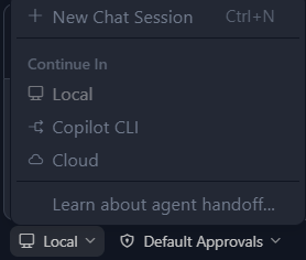 VS Code dropdown showing CLI and Cloud Agent options