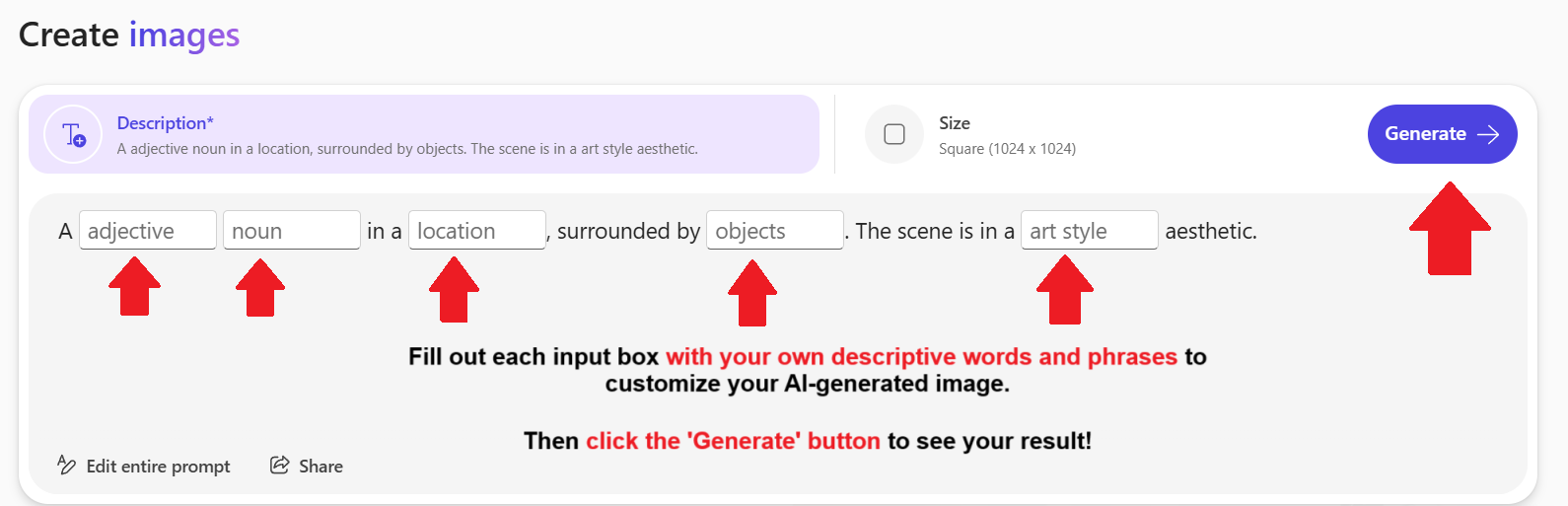 Annotated instructions on how to use Microsoft Designer